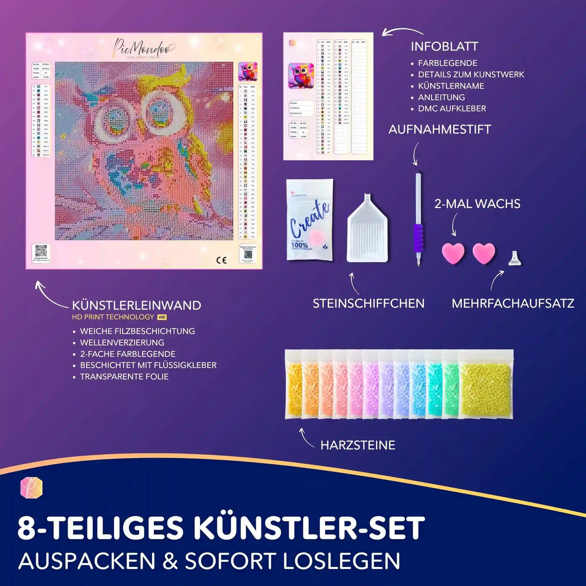 Diamond Painting Set Eulchen Eulalia mit bunter Eule, Steinschiffchen, Harzsteinen und Zubehör für Anfänger
