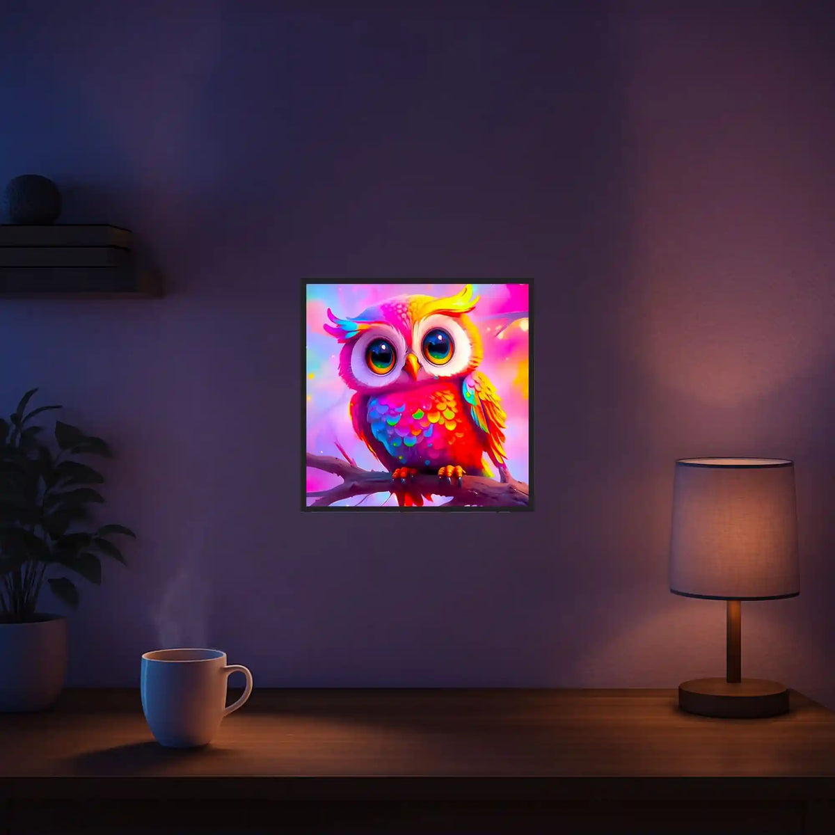 Diamond Painting Set mit bunter Eule: Fertiges 25x25cm Bild mit Glitzersteinen als liebevolle Wanddeko für Kinder.