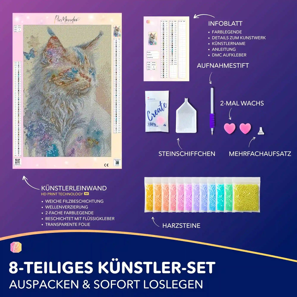 Diamond Painting Set Zartes Kätzchen mit Leinwand, bunten Harzsteinen und Werkzeug für kreatives Basteln