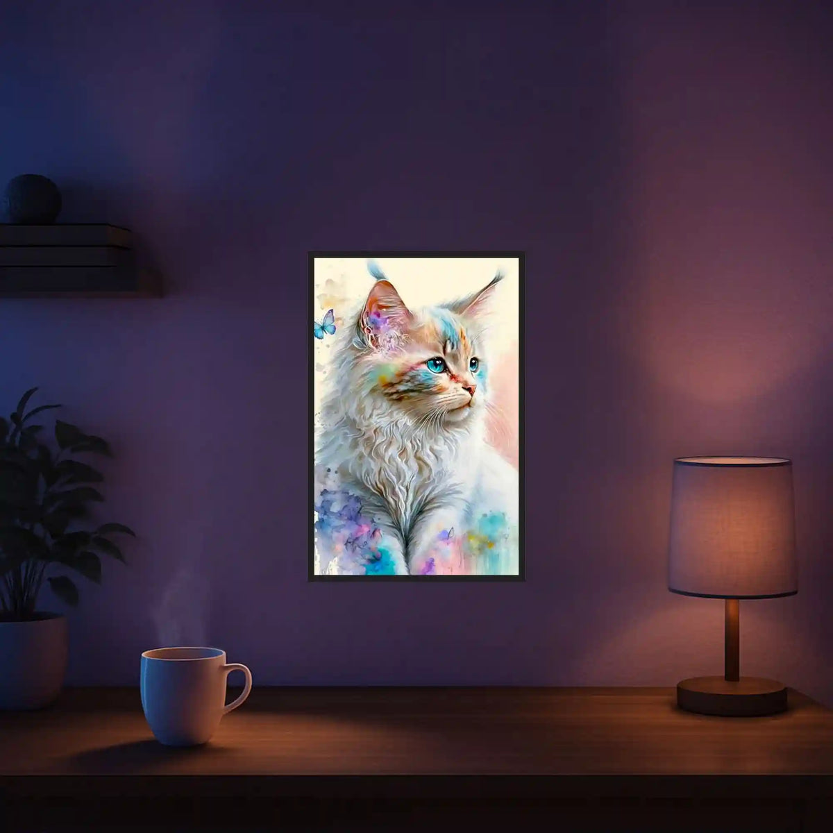 Diamond Painting Set Zartes Kätzchen mit Schmetterling in Watercolor-Optik als dekoratives Wandbild für Erwachsene
