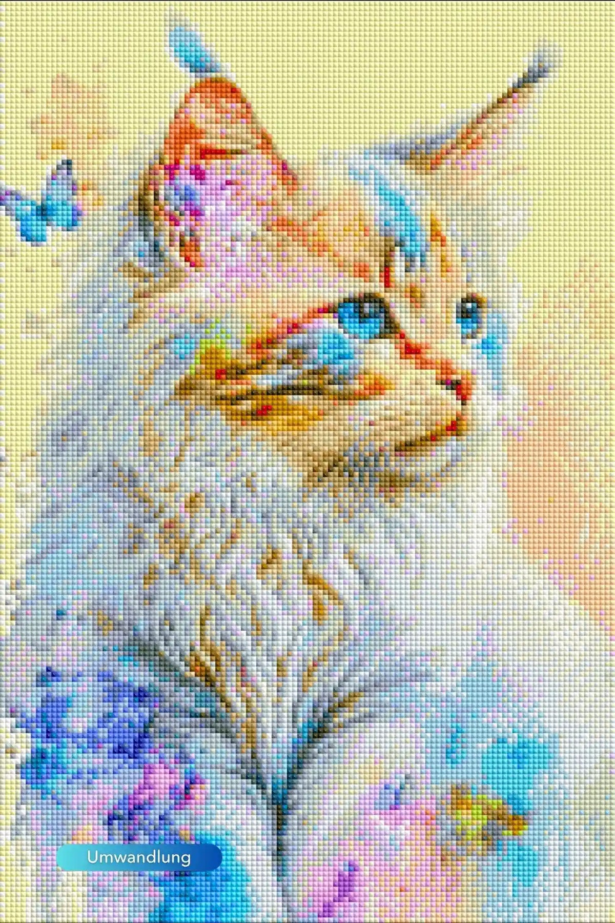 Diamond Painting Set Zartes Kätzchen mit Schmetterling in bunten Watercolor-Farben, eckige Steine für DIY-Kunstwerk