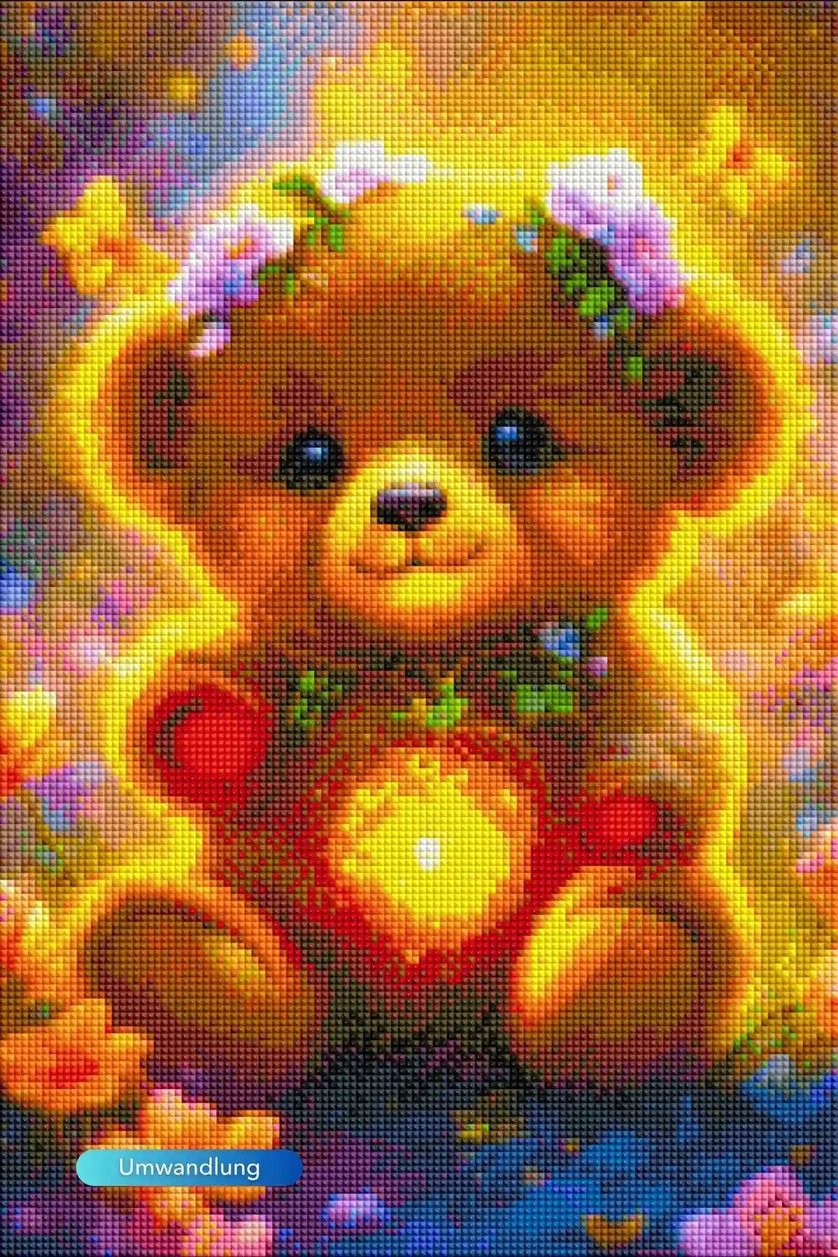 Diamond Painting Set mit niedlichem Leuchtbär und bunten Blumen, funkelnde Steine auf Leinwand, 30x45cm