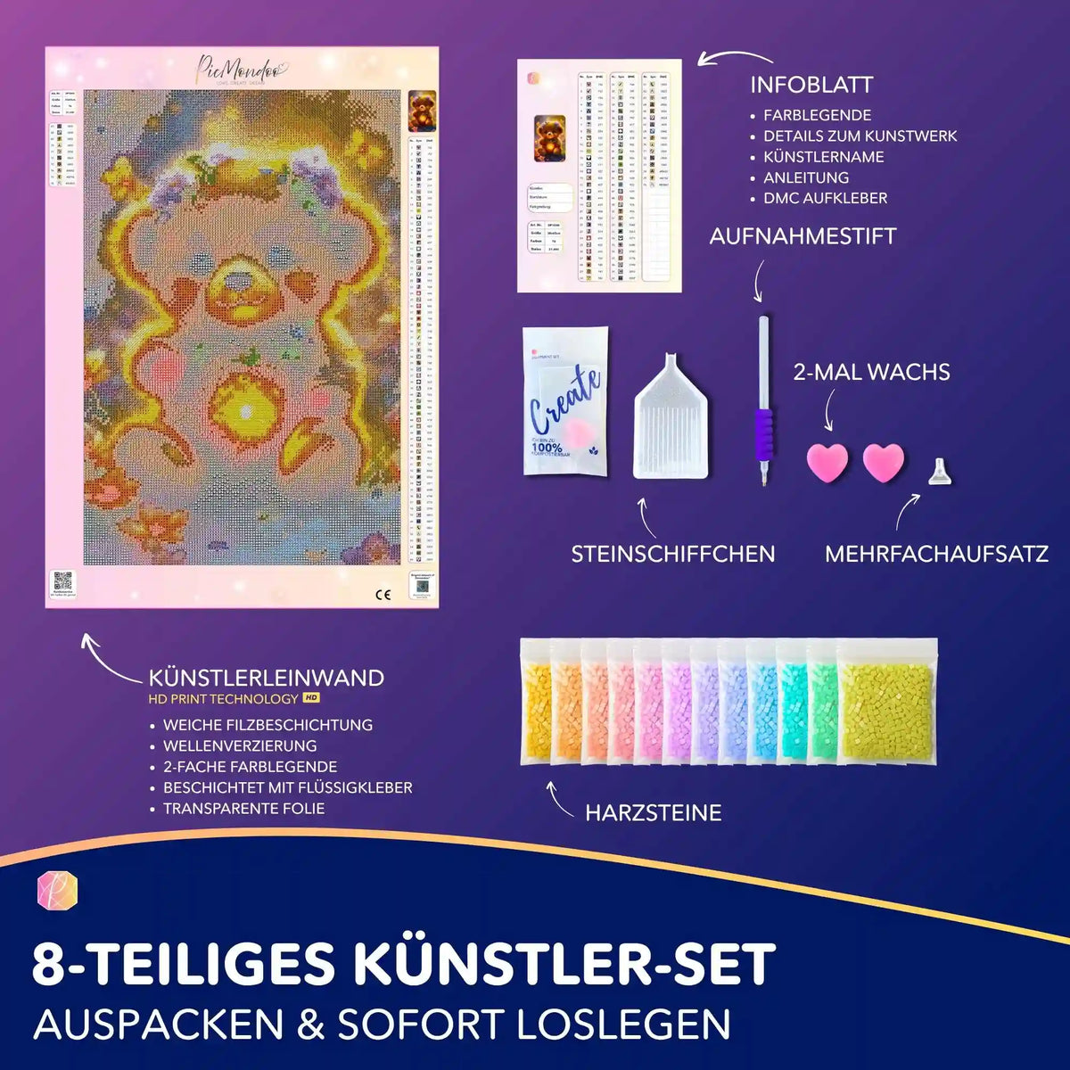 Diamond Painting Set Leuchtbär mit Leinwand, bunten Harzsteinen und Zubehör für DIY-Bastelspaß