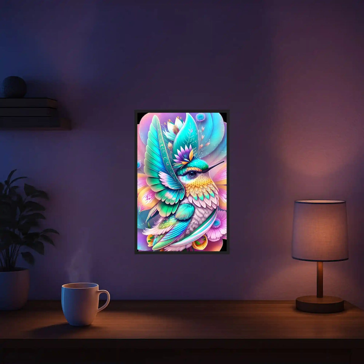 Diamond Painting Set mit buntem Kolibri im Blütenkelch als lebendiges Fantasy-Motiv für DIY-Kunst an der Wand