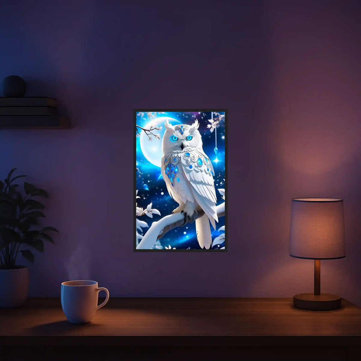 Diamond Painting Set weiße Eule mit blauen Augen im Mondschein, fertig gerahmtes Glitzer-Kunstwerk als Wanddekoration