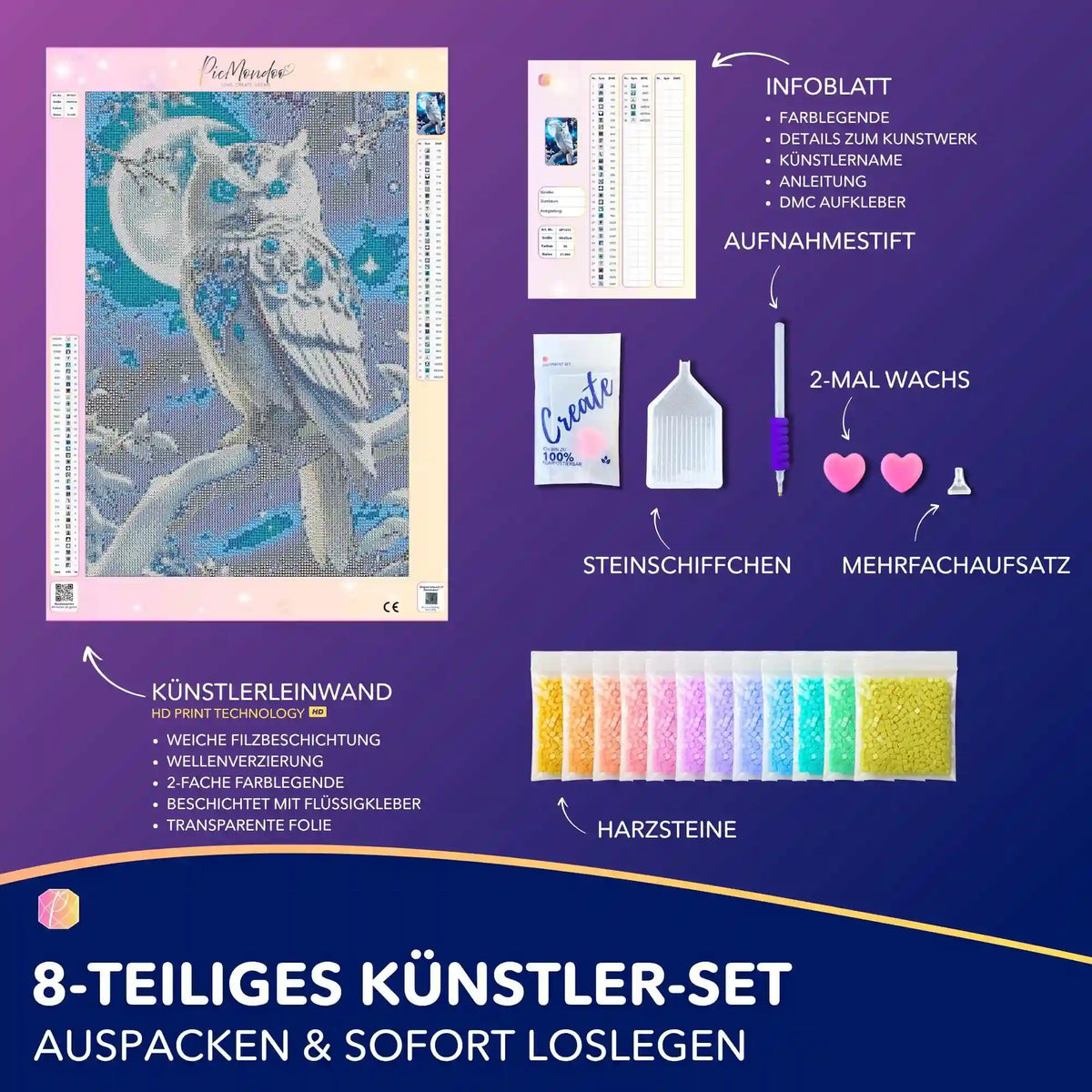 Diamond Painting Set Blue Eyes Owl mit Leinwand, bunten Harzsteinen und Zubehör für das Bastelprojekt einer weißen Eule.
