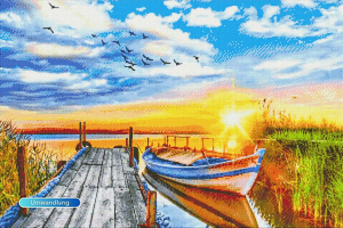 Diamond Painting Set Sonniger Abend am See mit Steg, Boot und fliegenden Vögeln im Sonnenuntergang
