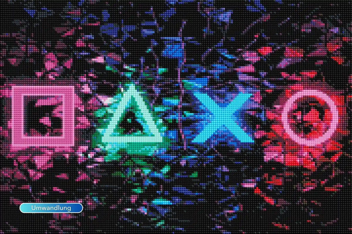 Diamond Painting mit Gaming-Motiv: Quadrat, Dreieck, Kreuz und Kreis in bunten Neonfarben auf abstraktem Hintergrund.