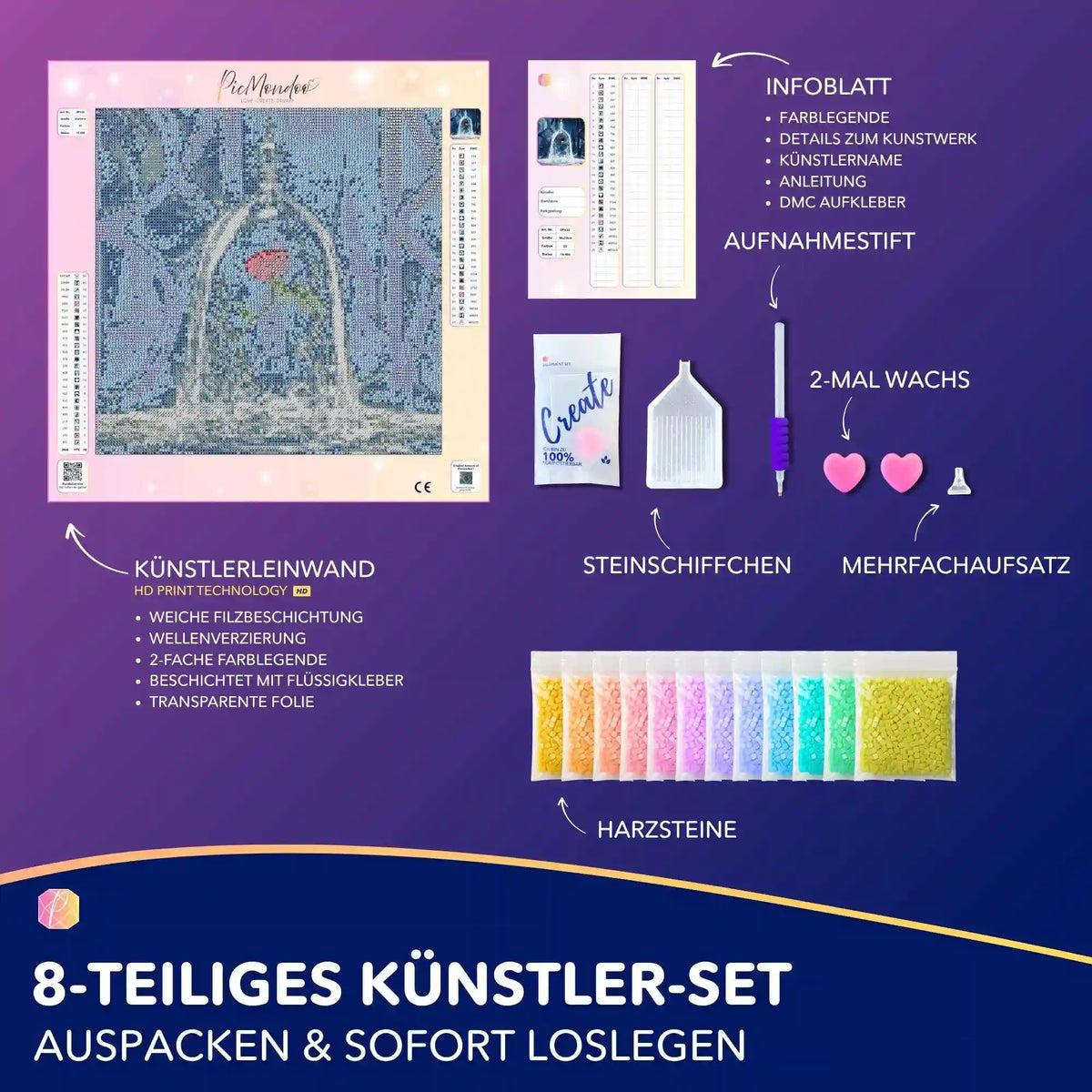 Diamond Painting Set Rose im Wunderglas mit Leinwand, bunten Harzsteinen und Zubehör wie Stift und Steinschiffchen.