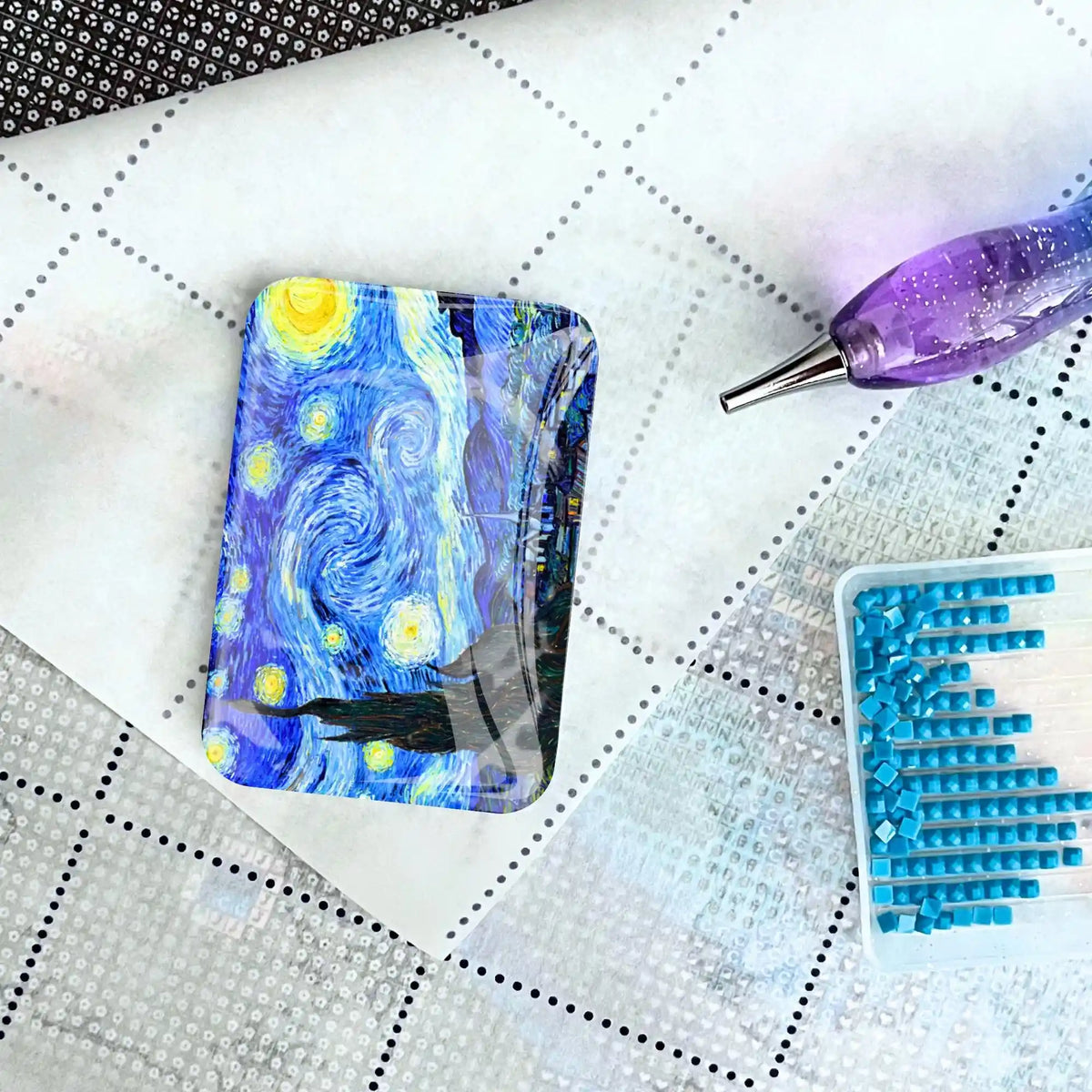 Van Gogh Sternennacht Cover Minder für Diamond Painting auf Leinwand mit Glitzersteinen und Applikator-Stift