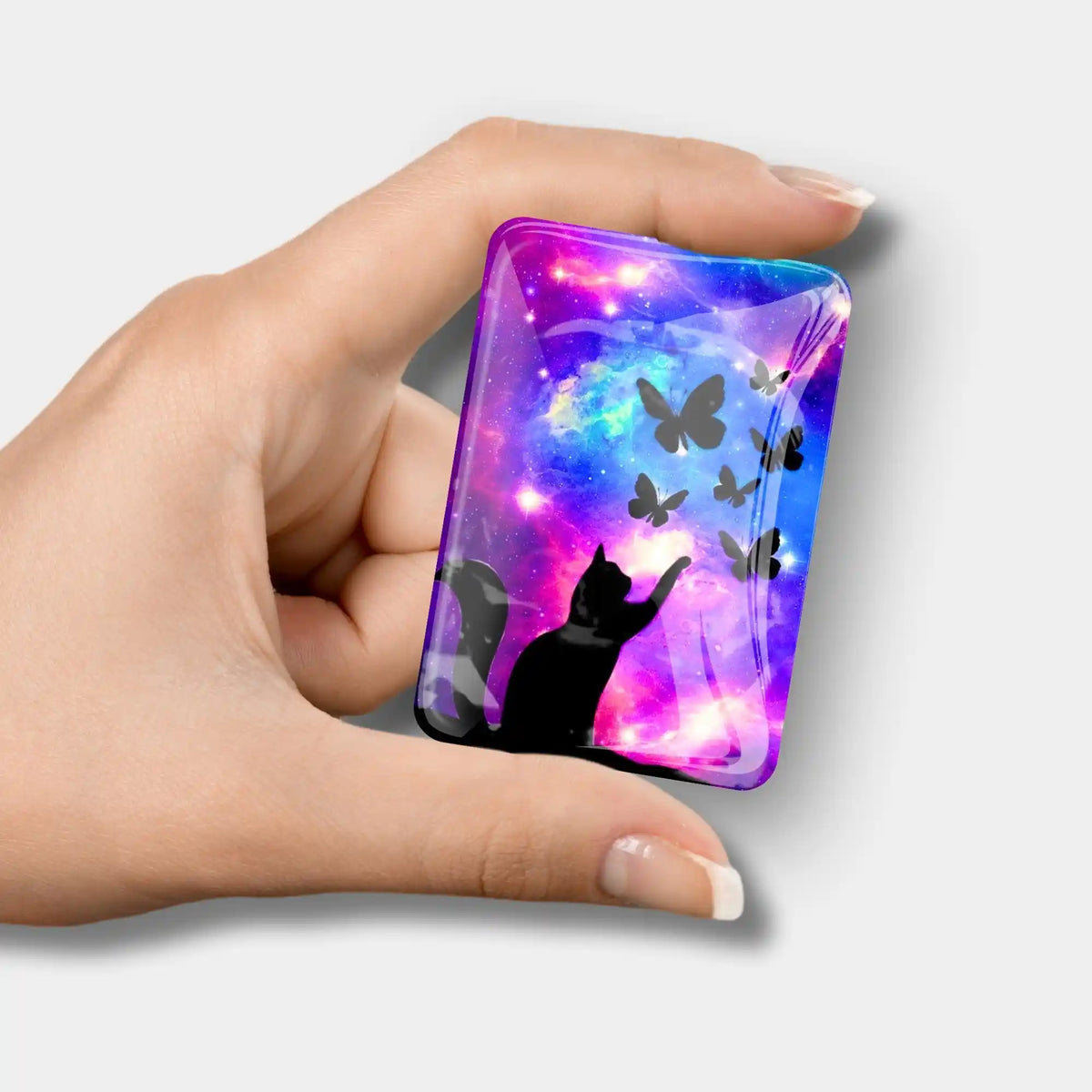 Glas Coverminder für Diamond Painting mit Katzen- und Schmetterlingsmotiv im bunten Galaxie-Design