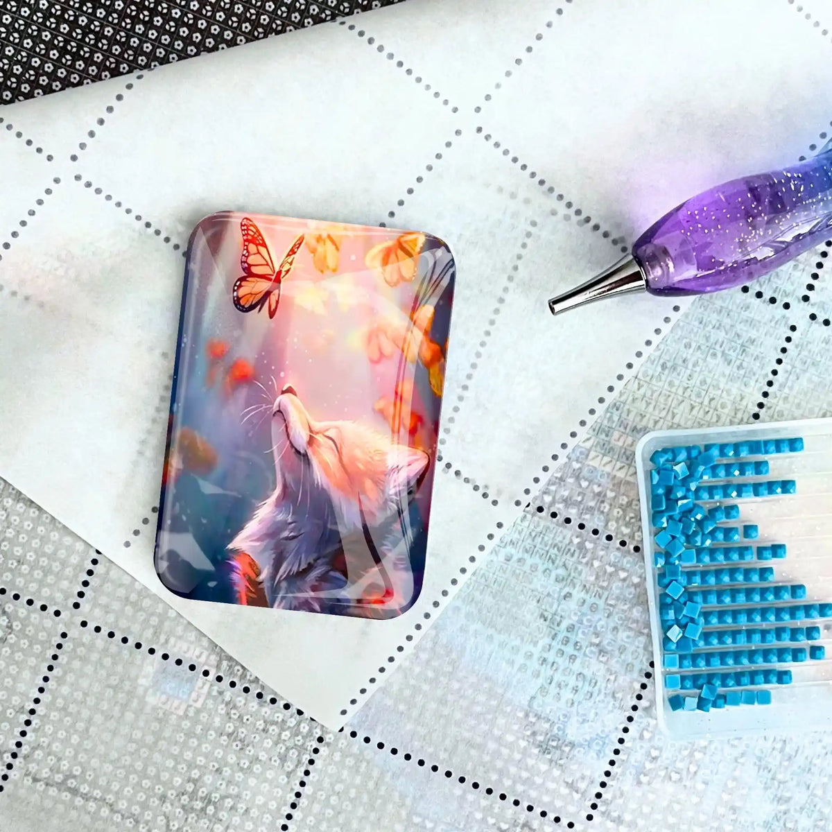 Glas Cover Minder mit Fuchs-Motiv auf Diamond Painting Leinwand mit Stift und blauen Diamanten