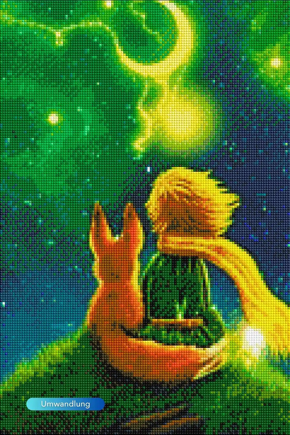 Diamond Painting Leuchtbild mit dem kleinen Prinzen und Fuchs in einer magischen Nacht unter einem leuchtenden Mond.