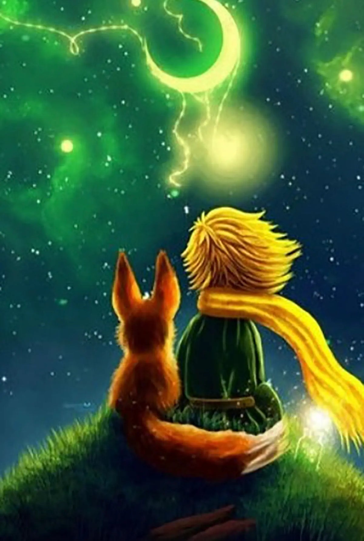 Diamond Painting Leuchtbild mit Prinz und Fuchs in einer magischen Nacht unter grünem Sternenhimmel auf Leinwand