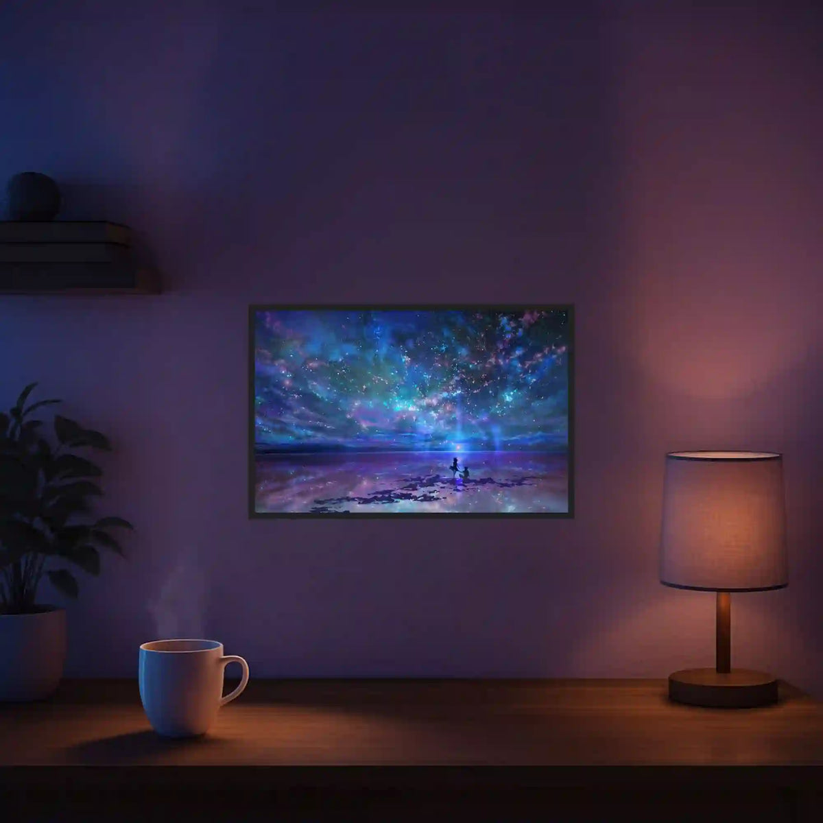 Diamond Painting Set Ozean trifft auf Universum mit glitzernden Sternen und Sternschnuppen in einem Wohnraum