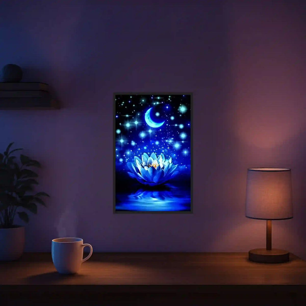 Diamond Painting Set Blaue Seerose mit Mond und Sternen im 20x30cm Format als Wandbild für eine entspannte Atmosphäre