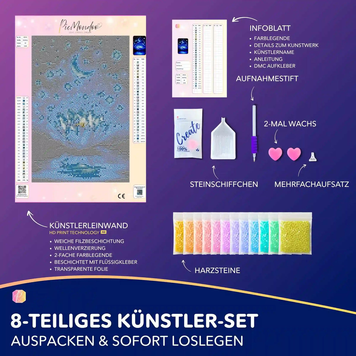 Diamond Painting Set Blaue Seerose mit Leinwand, Glitzersteinen und Bastelzubehör für kreatives Hobby