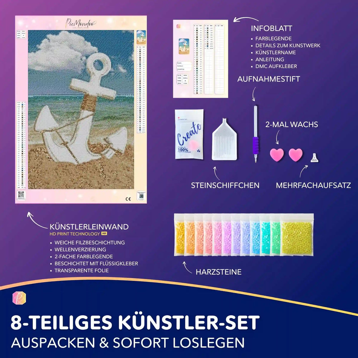 Diamond Painting Set Anker der Hoffnung mit Leinwand, bunten Harzsteinen und Zubehör für DIY Kunstwerke.
