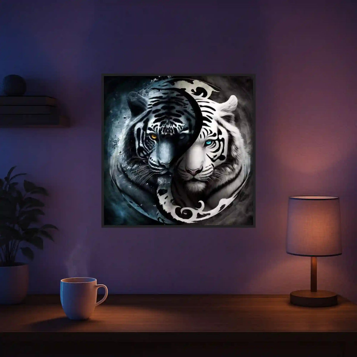 Diamond Painting Set Tiger Ying und Yang Design in Schwarz-Weiß als Wandbild im stimmungsvollen Wohnzimmer