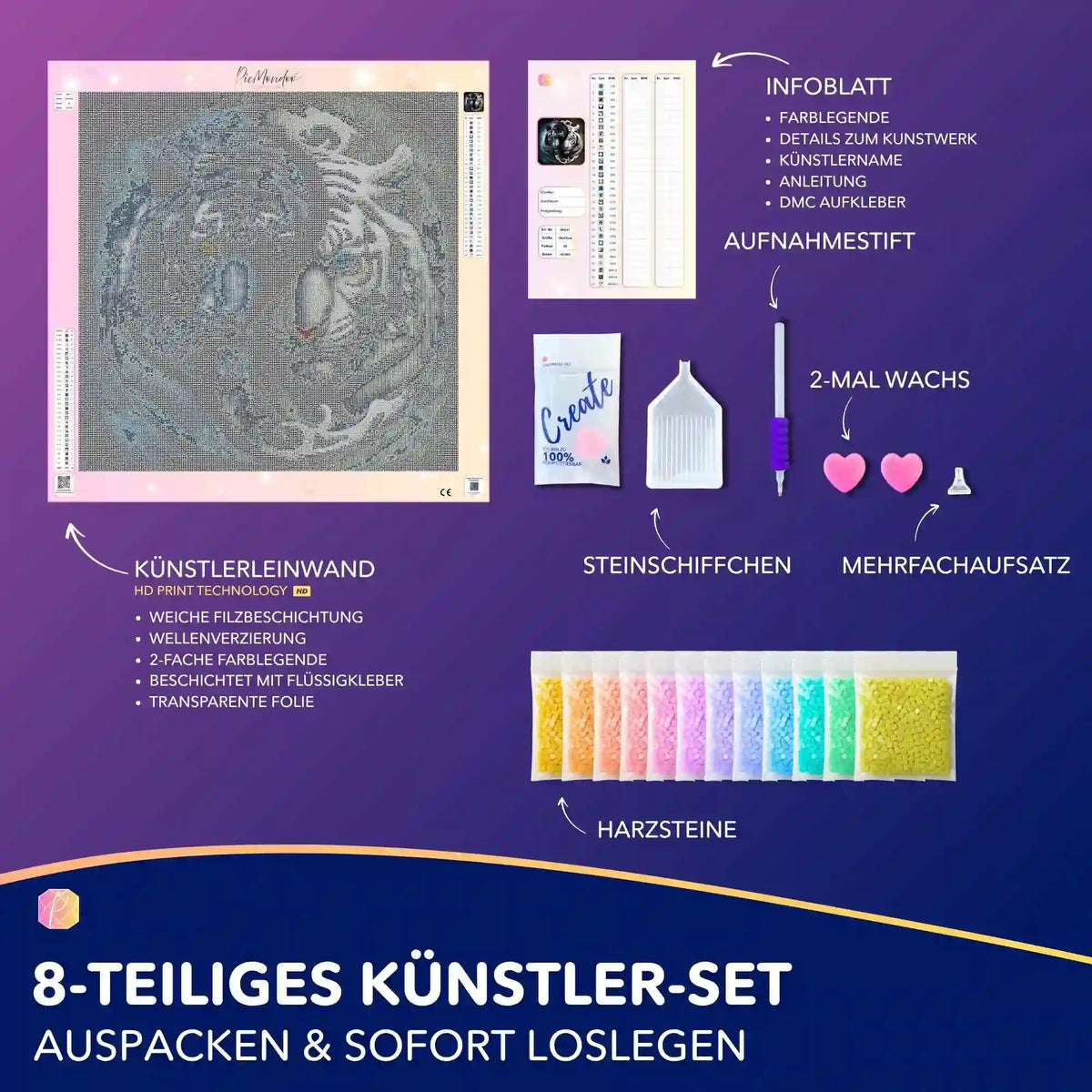 Diamond Painting Set Tiger Ying und Yang mit 50x50cm Leinwand, bunten Harzsteinen und Zubehör für DIY-Kunstwerke.