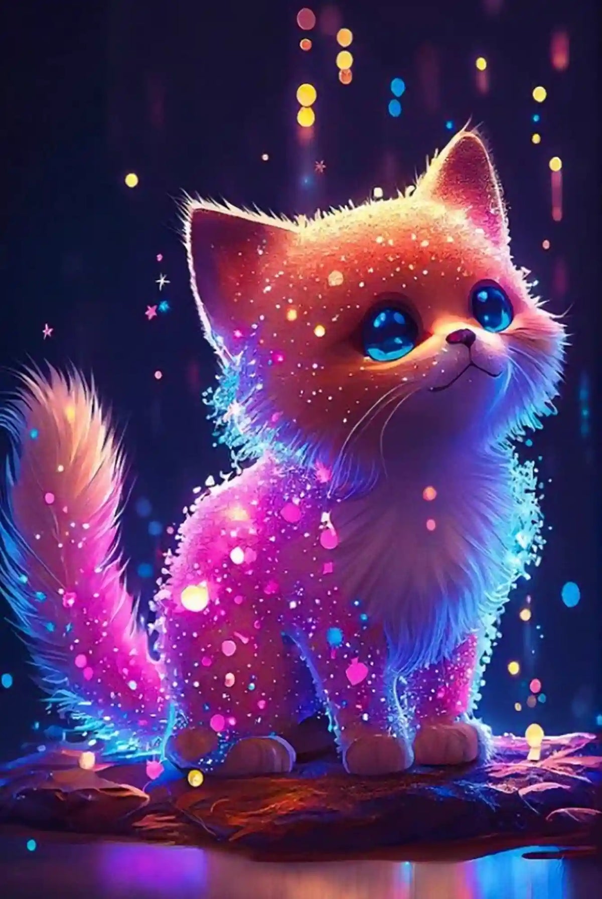 Diamond Painting Leuchtbild Zuckerkätzchen mit glitzernden Steinen als süßes Katzen-Motiv in bunten Farben