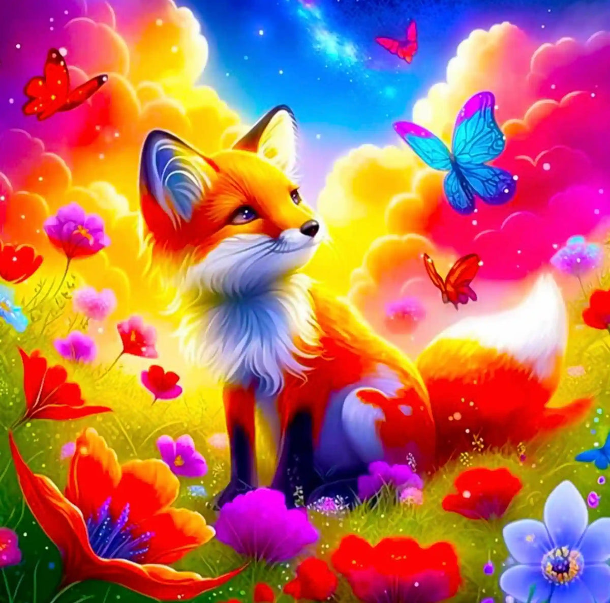 Süßes Diamond Painting Set für Kinder mit einem sitzenden Fuchs, bunten Blumen und Schmetterlingen im Zauberland
