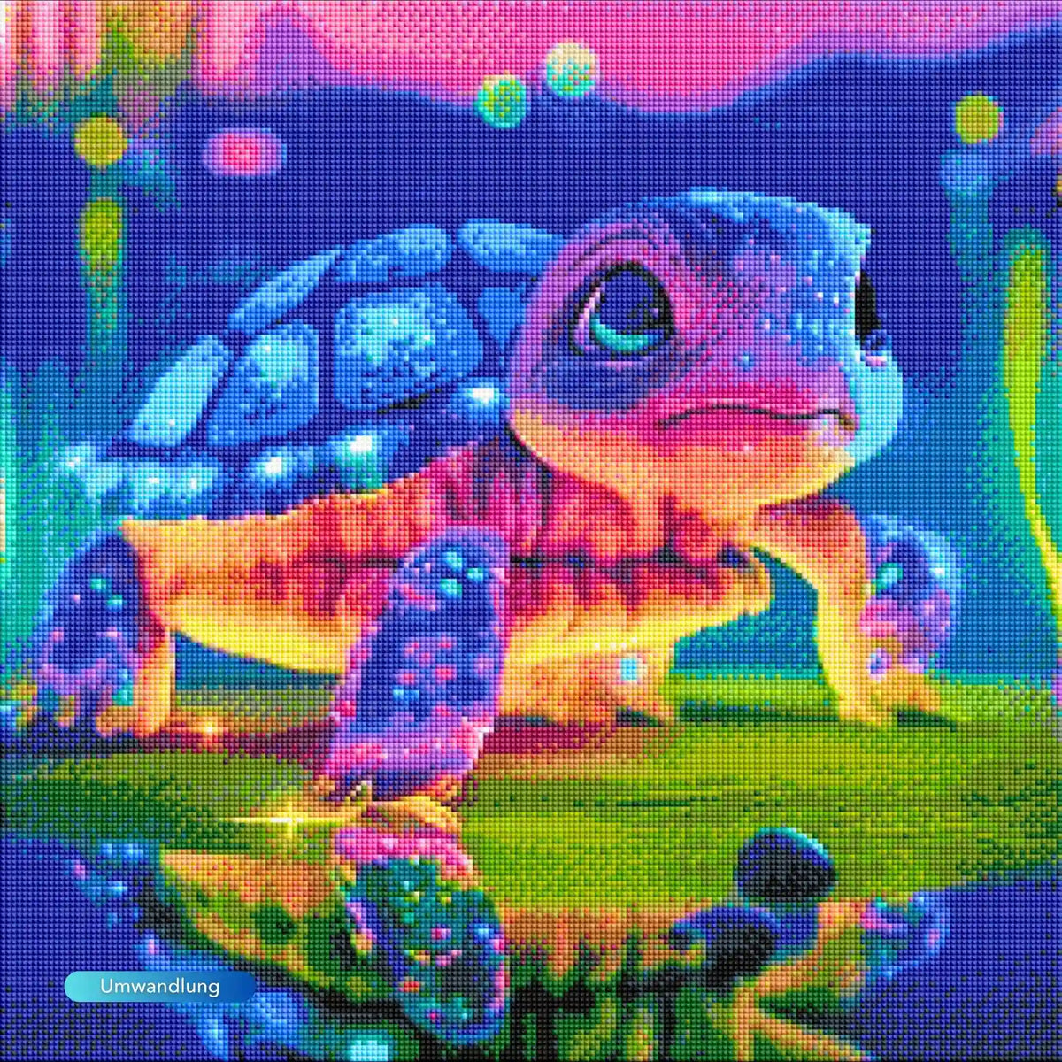 Diamond Painting Set mit bunter, leuchtender Fantasy-Schildkröte und glitzernden Steinen auf 50x50cm Leinwand.