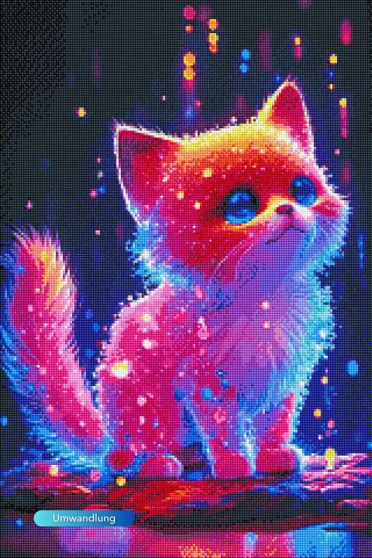 Diamond Painting Set Zuckerkätzchen mit leuchtenden Steinen: Bunte Katze im Fantasy-Stil auf dunklem Hintergrund