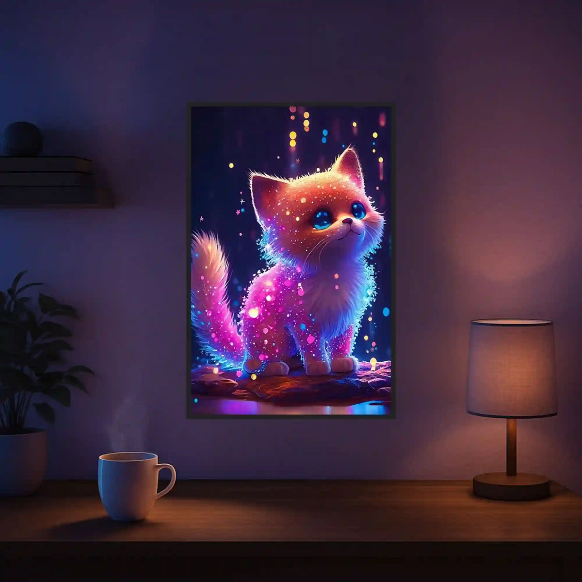 Diamond Painting Leuchtbild Zuckerkätzchen mit glitzernden Steinen als süßes Katzen-Motiv in einer gemütlichen Wanddekoration