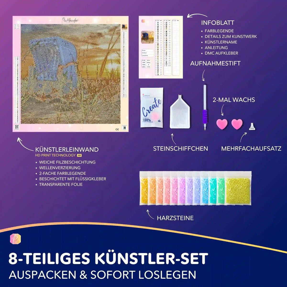 Diamond Painting Set Relaxtime am Strand mit Leinwand, bunten Harzsteinen und Zubehör für DIY Kunstprojekte