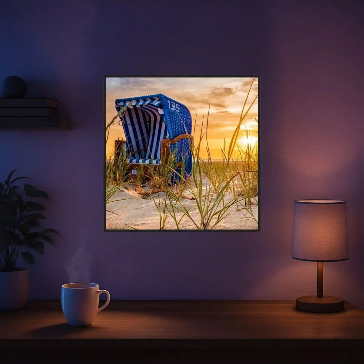 Diamond Painting Set Relaxtime am Strand mit blauem Strandkorb im Sonnenuntergang als dekoratives Wandbild