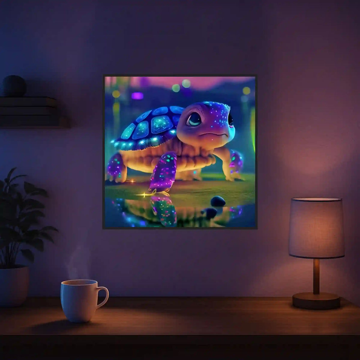 Diamond Painting Leuchtbild Sparkling Turtle mit bunten, im Dunkeln leuchtenden Steinen und fantasievoller Schildkröte.