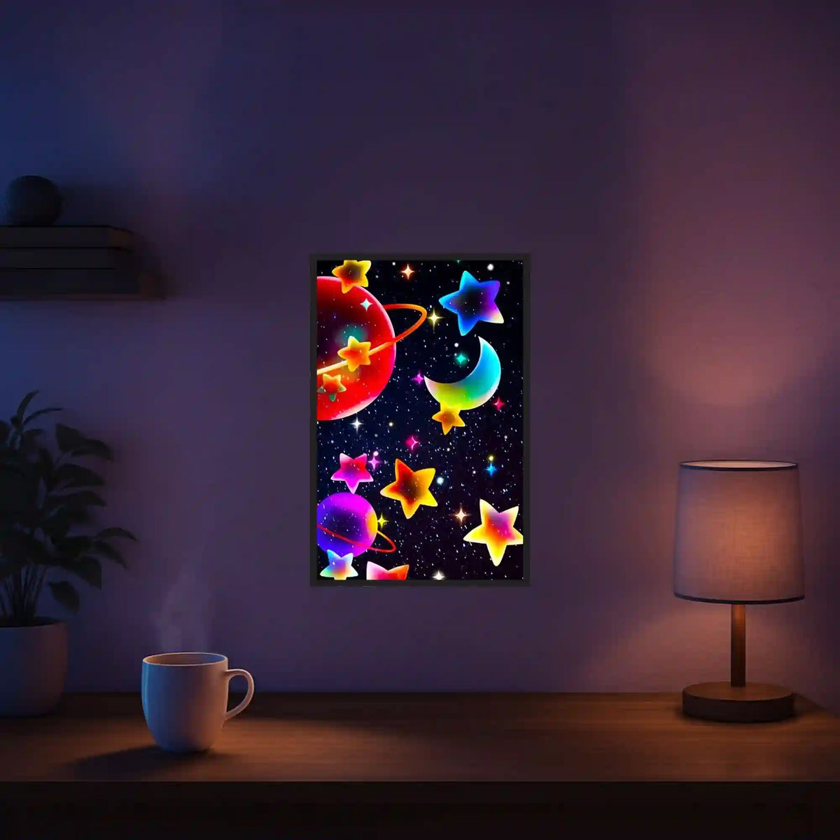 Diamond Painting Set für Kinder: Buntes Universum mit Planeten, Mond und leuchtenden Sternen in einem Raum an der Wand.