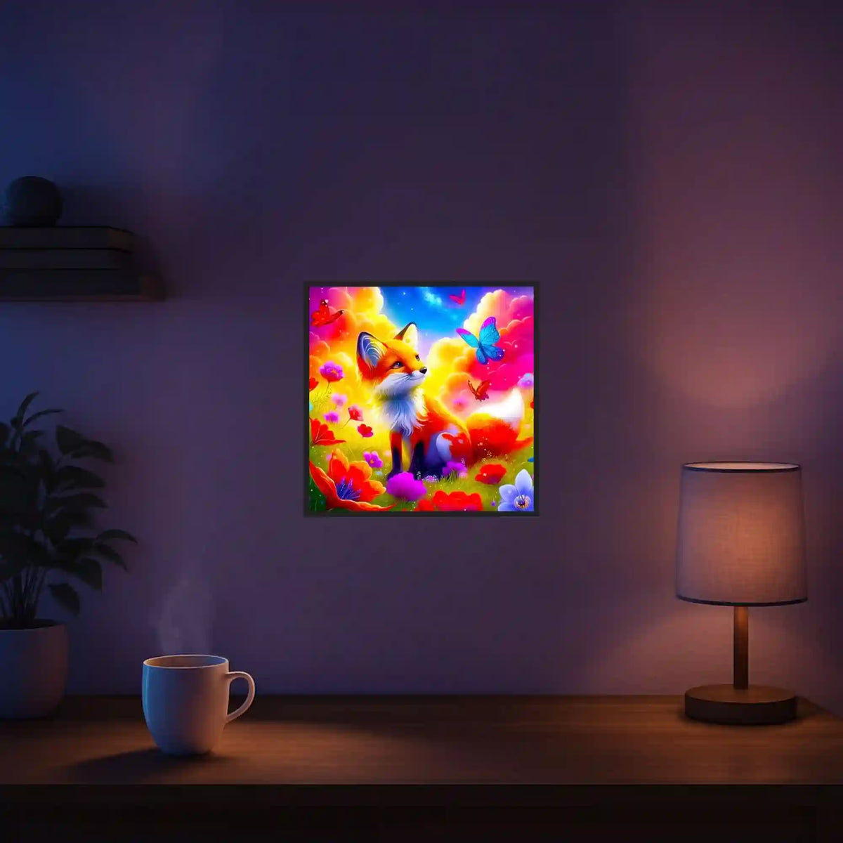 Diamond Painting für Kinder: Süßer, oranger Fuchs im bunten Zauberland mit Blumen und Schmetterlingen als Wandbild