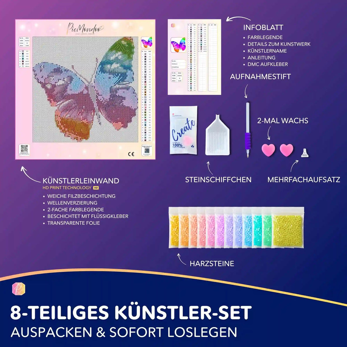 Diamond Painting Set Schmetterling für Kinder mit Leinwand, bunten Steinen und Zubehör als komplettes Starter-Set
