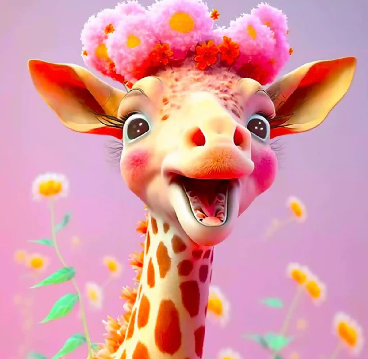 Diamond Painting Set für Kinder: Fröhliche Giraffe mit Blumenkranz als buntes, niedliches Tier-Motiv zum Basteln.
