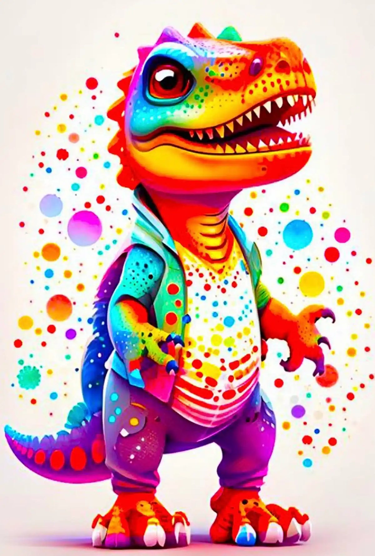 Diamond Painting Set für Kinder mit buntem Dinosaurier Motiv und leuchtenden Farben auf 20x30cm Leinwand.