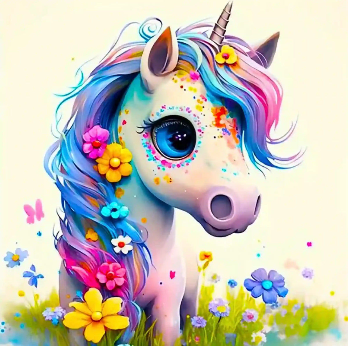 Buntes Diamond Painting Set für Kinder mit süßem Einhorn und Blumenmotiv auf einer 25x25cm Leinwand.