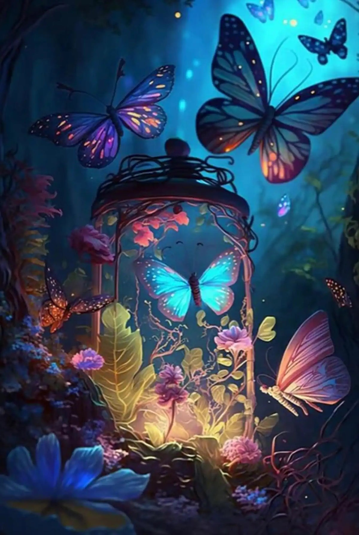 Diamond Painting Set Nacht der Schmetterlinge mit leuchtenden Steinen und magischem Fantasy-Motiv in Blau- und Lilanuancen