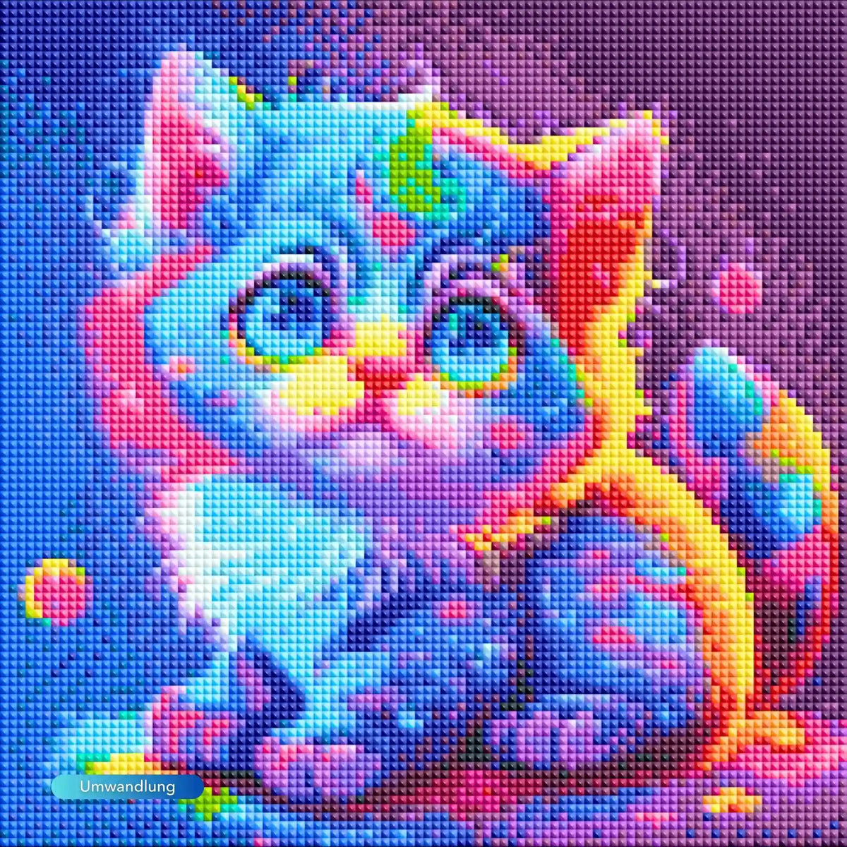 Diamond Painting Set für Kinder mit süßer, bunter Regenbogen-Katze aus glitzernden Steinchen in 25x25cm