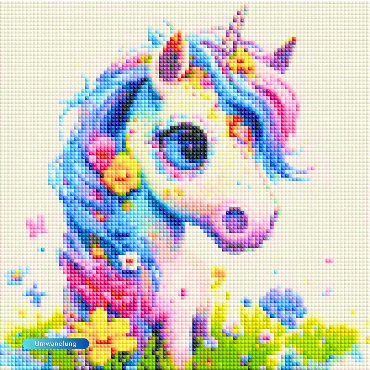 Buntes Diamond Painting Set für Kinder mit süßem Einhorn Motiv aus glitzernden Steinen auf Leinwand
