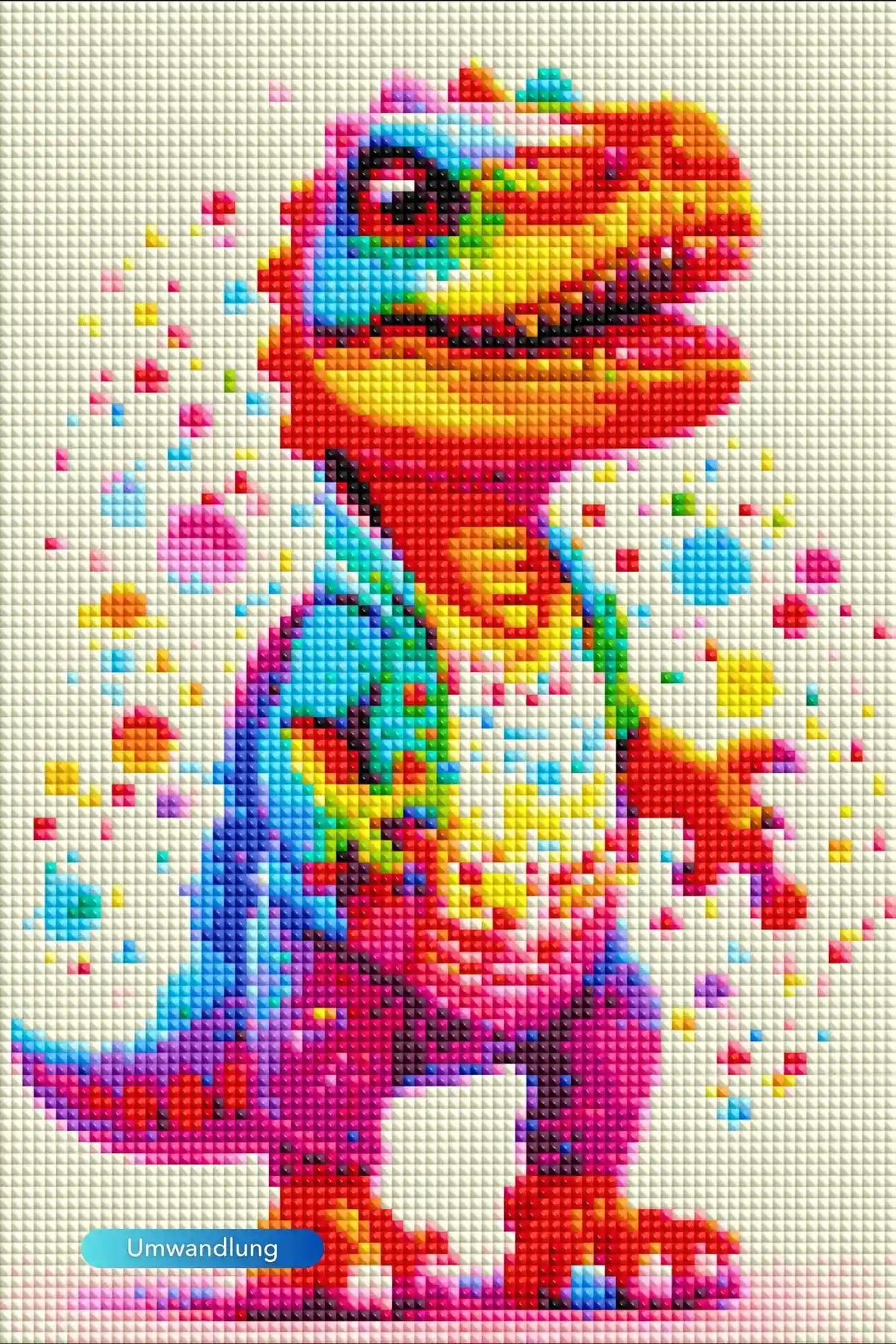 Kunterbunter Dinosaurier als Diamond Painting Set für Kinder mit glitzernden Steinen auf quadratischer Leinwand.
