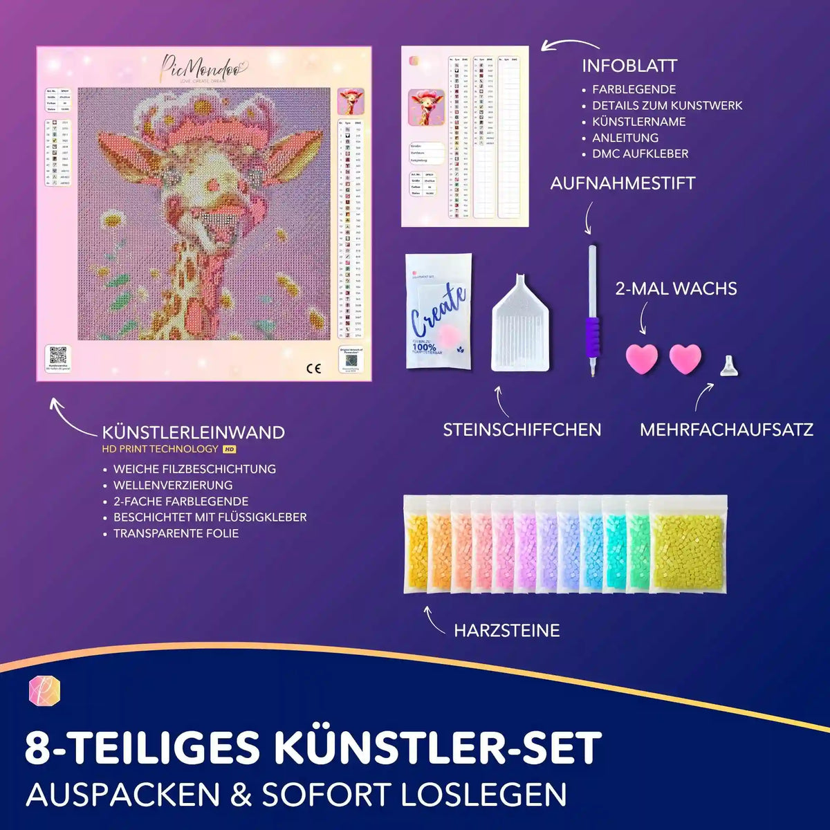 Diamond Painting Set für Kinder mit süßem Giraffen-Motiv, inkl. Leinwand, bunten Harzsteinen und Zubehör für Einsteiger.
