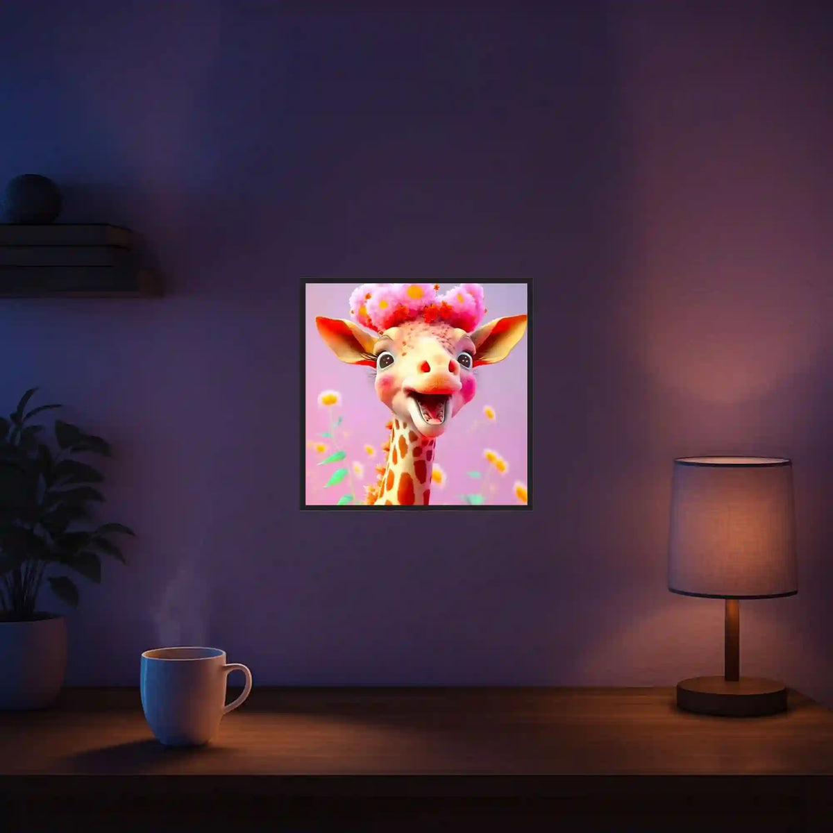 Diamond Painting Set für Kinder mit süßem Giraffenbaby, umgeben von bunten Blumen als quadratisches Wandbild im Kinderzimmer.
