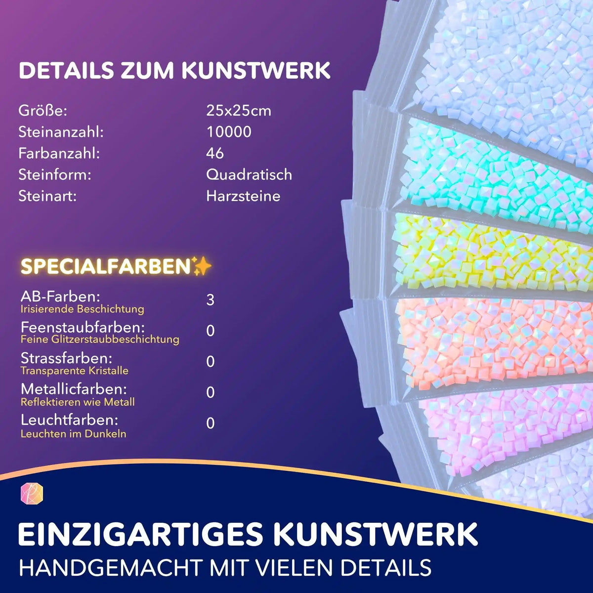 Diamond Painting Set für Kinder mit glitzernden, quadratischen Harzsteinen in bunten Pastellfarben und 3 Spezial-AB-Farben.