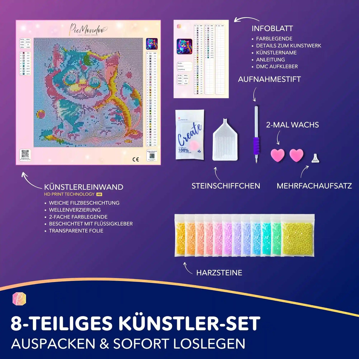 Diamond Painting Set für Kinder mit Rainbow Kitty Motiv, inklusive Leinwand, bunten Harzsteinen und Zubehör.
