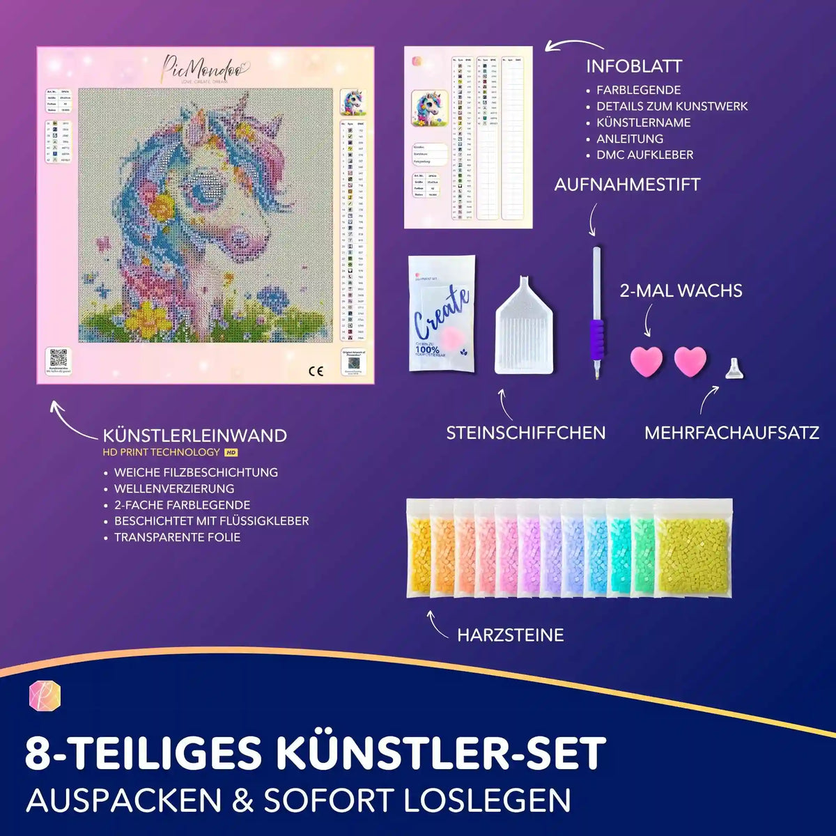 Diamond Painting Set für Kinder mit buntem Einhorn Motiv, 25x25cm Leinwand, inklusive Glitzersteinen und Zubehör.
