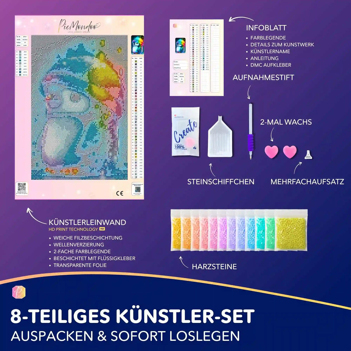 Diamond Painting Set für Kinder mit Pinguin-Motiv: Beinhaltet Leinwand, bunte Glitzersteine und komplettes Bastelzubehör.