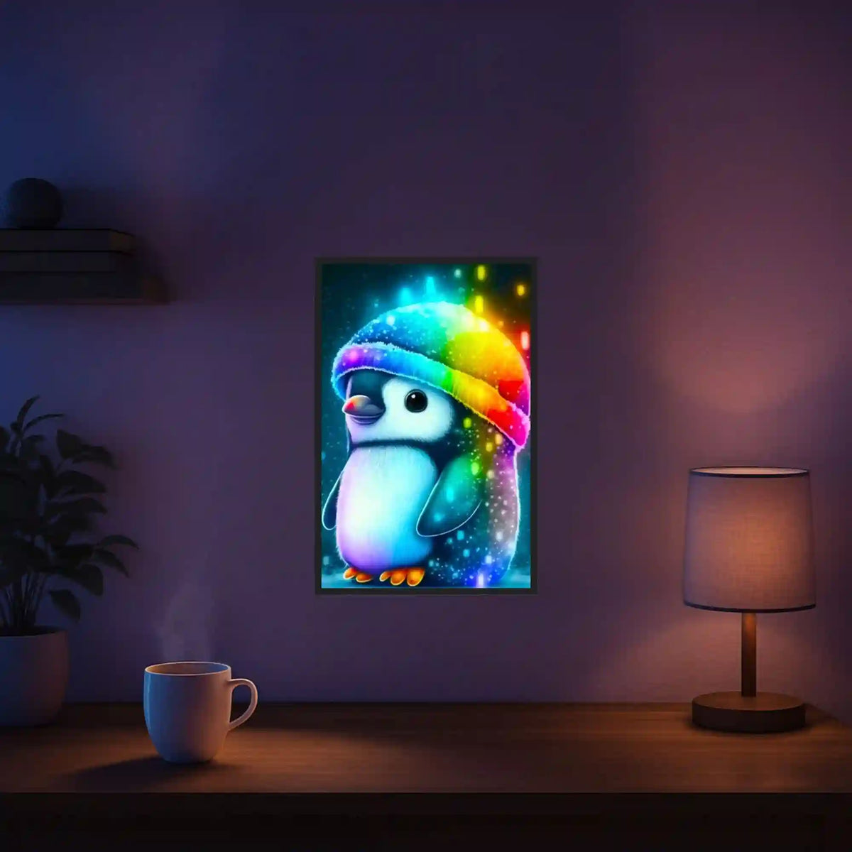 Diamond Painting Set für Kinder: Niedlicher, bunter Pinguin mit Regenbogen-Mütze glänzt auf quadratischer Leinwand
