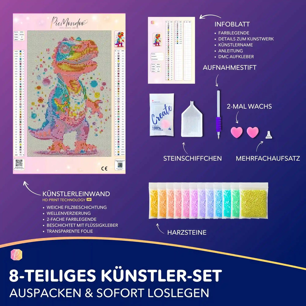 Diamond Painting Set Kunterbunter Dinosaurier für Kinder mit Leinwand, bunten Harzsteinen und Zubehör
